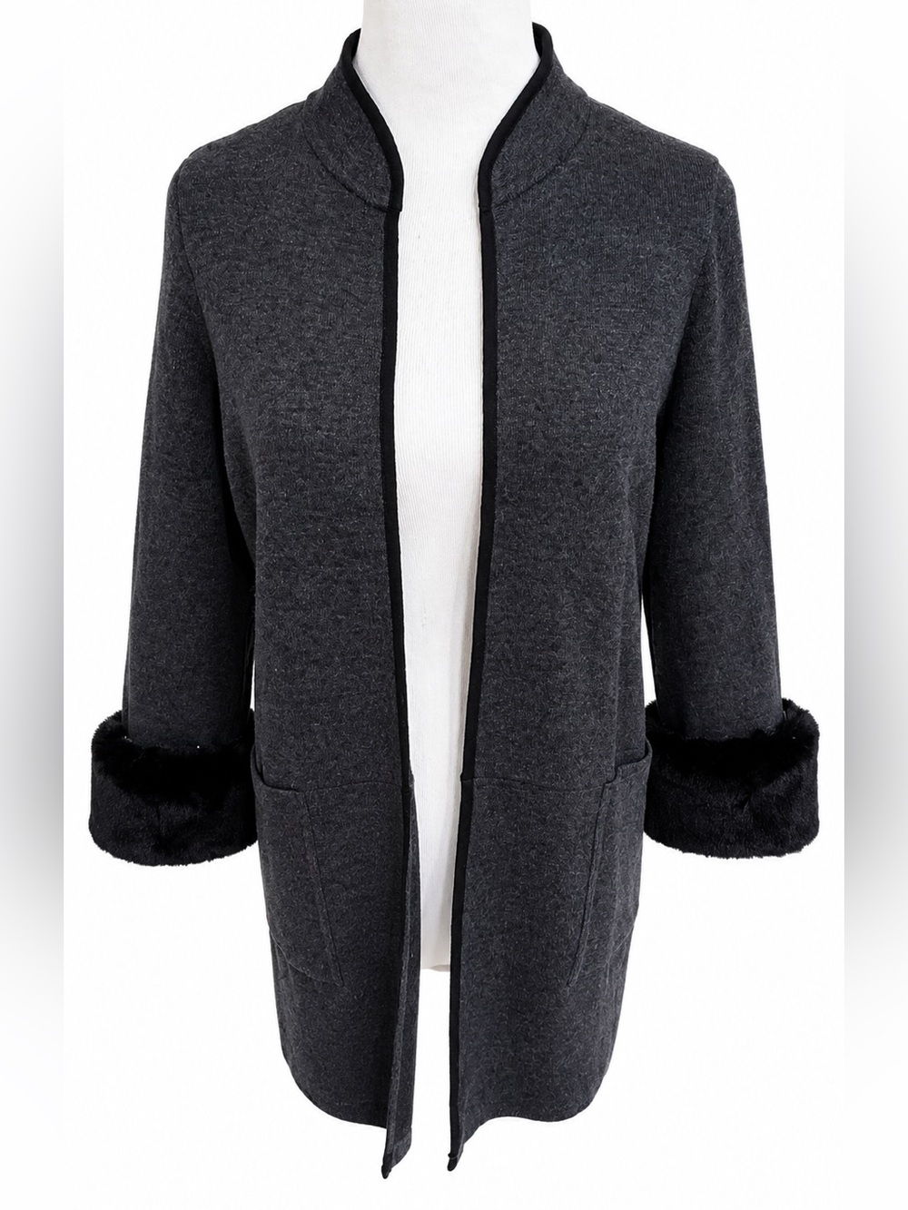 Alfani Charcoal Open-Front Coatigan with Black Faux Fur Cuffs